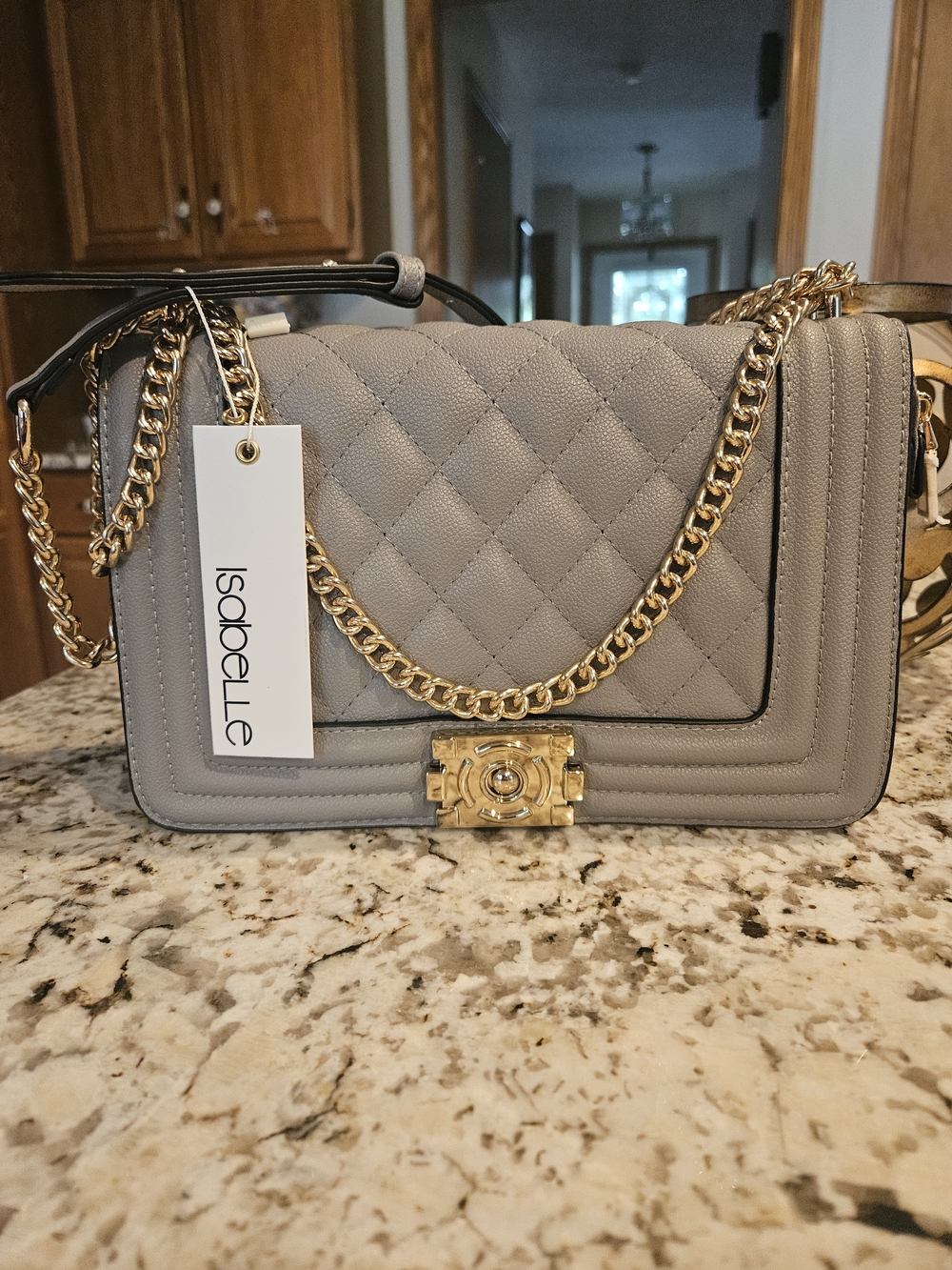 Isabelle Quilted Shoulder Bag in Light Gray with Gold Chain
